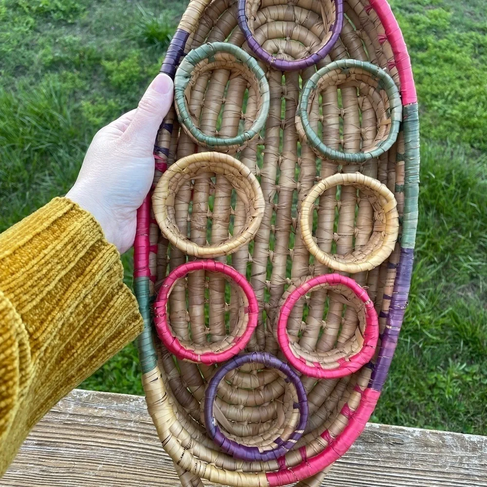 Wicker Woven Rattan Drink Caddy Holders Boho Barware Handles Colorful